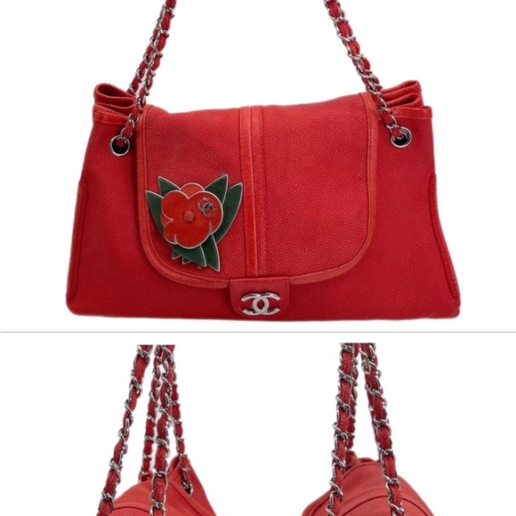 ❤️❤️Chanel❤️❤️ Red Caviar Leather Camellia Flower Accordion Chain Bag Matching P - Picture 2 of 9